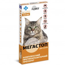 Капли на холку для кошек ProVET «Мега Стоп» от 4 до 8 кг, 4 пипетки (от внешних и внутренних паразитов)