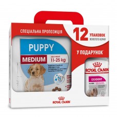 Акционный набор для собак Royal Canin Medium Puppy 4 кг + Royal Canin Exigent loaf wet 12 шт х 85 г (домашняя птица)
