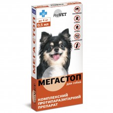 Краплі на холку для собак ProVET «Мега Стоп» до 4 кг, 4 піпетки (від зовнішніх та внутрішніх паразитів)